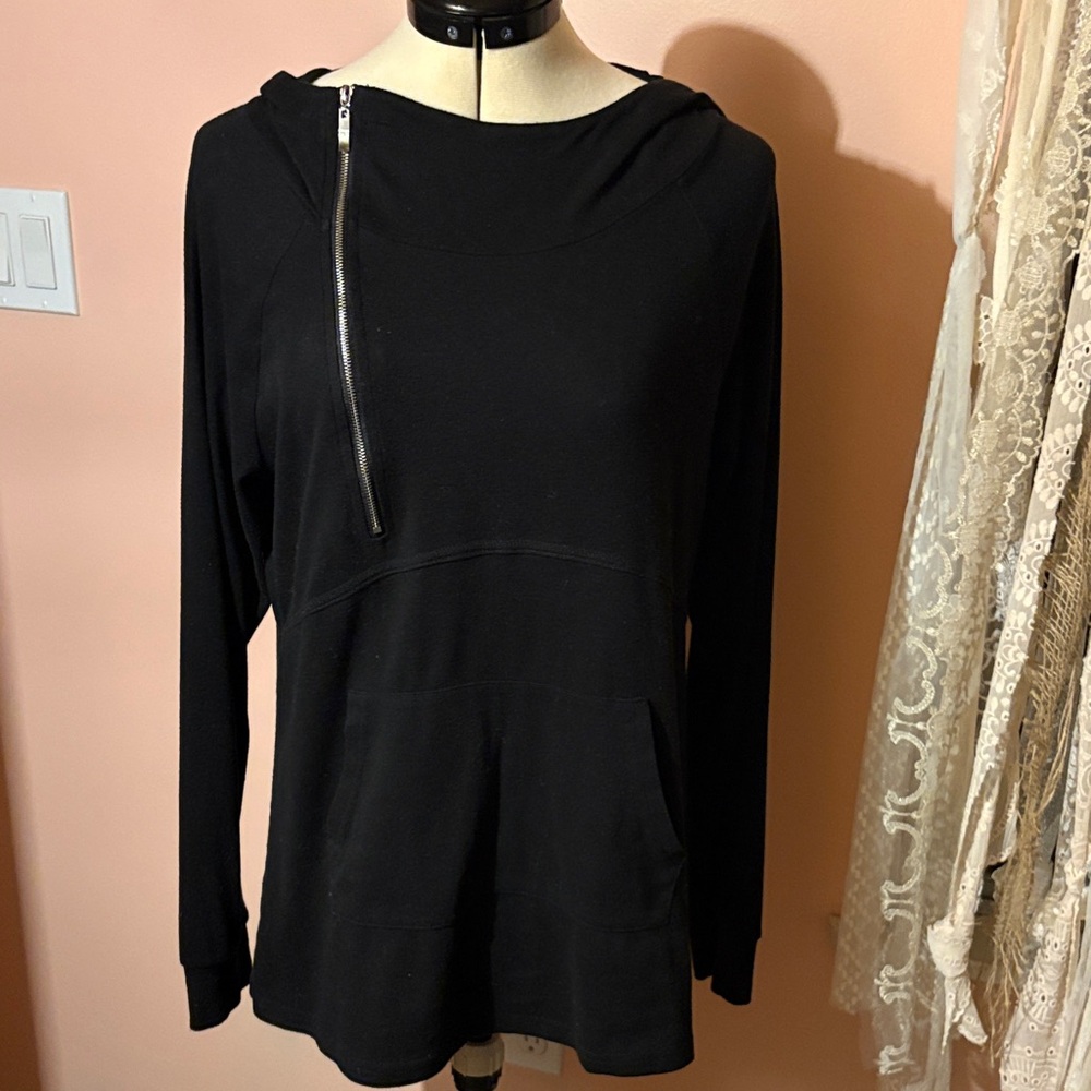 Casual Women's Black Hooded Zip-Accent Pullover